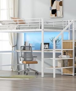 Loft Bed Frame with Desk Stairs Storage Shelves LED Lights White