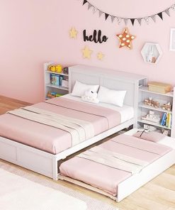 KOMFOTT Full Size Wood Bed Frame with Hidden Bookcase Headboard