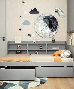 DEINPPA Full Size Platform Bed with Built-in Bookshelves and 2 Drawers, Wooden Captain Bed Frame for Kids Teens Adult Boys Girls, No Box Spring Needed, Grey 2