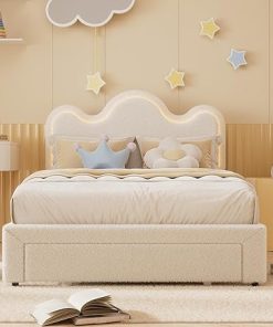 Adjustable Upholstered Bed Frame for Kids with LED Lights and Drawers