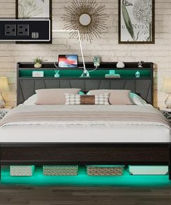 King Size Bed Frame with LED Lights and Charging Station, Black