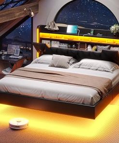 King Size Floating Bed Frame with LED Lights and Charging Station 2