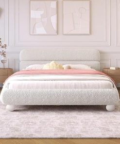 Queen Size Upholstered Teddy Fleece Bed Frame with Curved Design