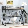 Twin Size Metal Loft Bed with Desk Ladder Guardrails X-Shaped Frame Black