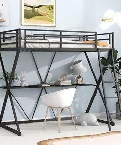 Metal Loft Bed with Desk and Ladder for Kids Teens Adults Bedroom