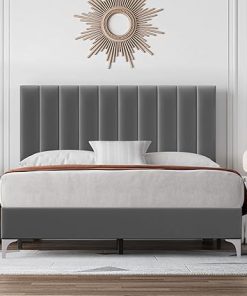 Adjustable Velvet Upholstered Full Size Bed Frame with Wooden Slats