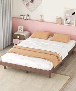Full Size Floating Bed Frame Wood Low Profile Platform Bed Walnut