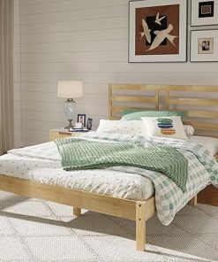 Mid-Century Queen Wood Bed Frame with 27.5″ Headboard, Supports 700 lbs