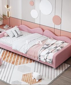 Twin Size Upholstered Floor Daybed Frame with Cloud Backrest Pink