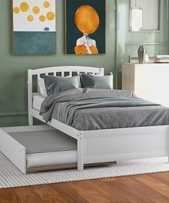 White Twin Platform Bed Frame with Headboard and Trundle Roll Out 2