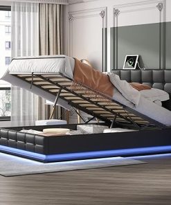 Queen Size Upholstered LED Platform Bed with Storage and USB Charger