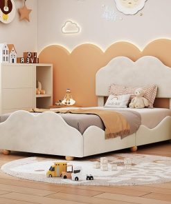 Twin Velvet Upholstered Platform Bed with Cloud Headboard for Kids 2