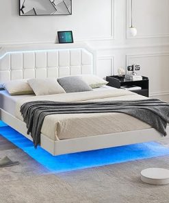 Queen Size Floating Bed Frame with RGB LED Lights and Adjustable Headboard