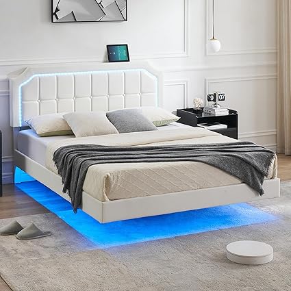 Queen Size Floating Bed Frame with RGB LED Lights and Adjustable Headboard Queen Size Floating Bed Frame with RGB LED Lights and Adjustable Headboard