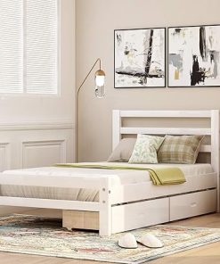 Merax Twin Wood Platform Bed with Drawers and Headboard in White