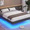 Floating Queen Bed Frame with LED Lights and Underbed Storage, Dark Grey