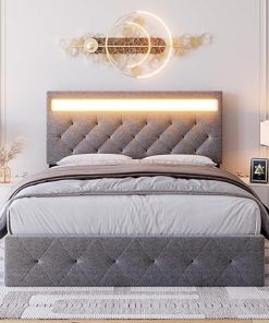 Queen Size Bed Frame with Charging Station LED Lights Adjustable Headboard