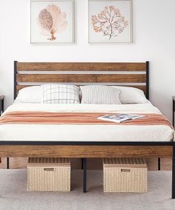 Alkmaar Queen Bed Frame with Wooden Headboard and Metal Slats
