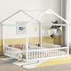 Double Twin House Floor Bed with Guardrails and Wood Frame in White