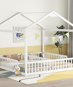 Double Twin House Floor Bed with Guardrails and Wood Frame in White