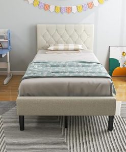 Giantex Twin Bed Frame for Kids Modern Upholstered Platform Beige 2