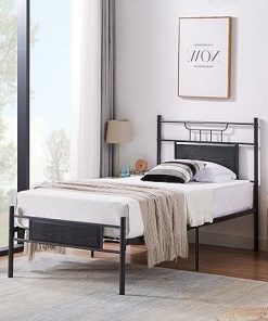 VECELO Twin Size Platform Bed Frame with Wood Headboard in Black