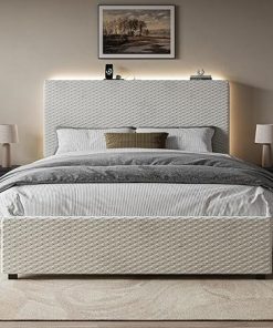 Queen Size Bed Frame with Storage Headboard and LED Lights