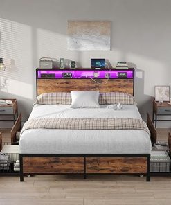 Metal Full Size Bed Frame with Headboard and 4 Storage Drawers