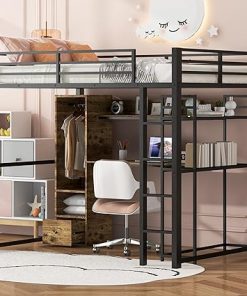 Metal Loft Bed with Desk and Storage Shelves for Kids and Adults