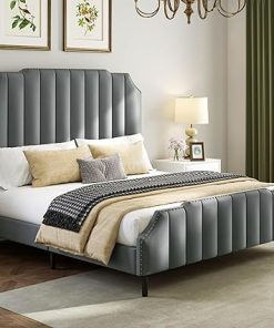 King Bed Frame with Headboard, Upholstered Platform, Gray, Easy Assembly