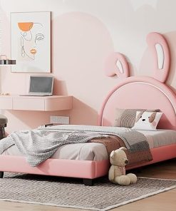 Twin Size Upholstered Platform Bed with Carton Ears Shaped Headboard, Low to Ground Twin Bed Frame with Slats Support for Kids Girls Boys Teens, Bunny Ornament, Faux Leather Pink 2