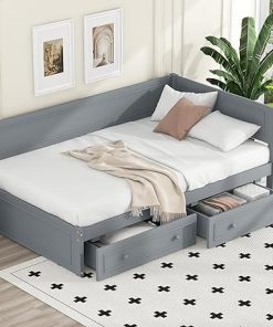 Wood Twin Daybed Frame with Storage Drawers for Bedroom Use