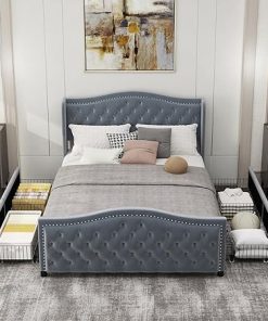 Queen Size Upholstered Bed Frame with Storage Drawers and Wingback