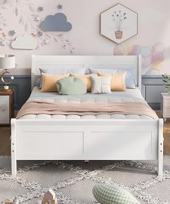 White Queen Platform Bed Frame with Headboard and Wood Slats