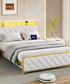 Velvet Full Size Bed Frame with Storage Headboard and LED Light