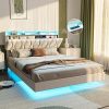 Queen Metal Bed Frame with Charging Station Velvet Headboard Beige 4
