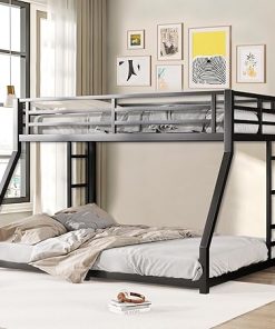 Heavy Duty Metal Bunk Bed Full XL Over Queen with Guardrail and Ladder