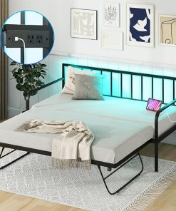 KOMFOTT Twin Metal Daybed with Trundle, Charging Station and LED Lights