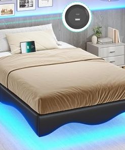 Twin Floating Bed Frame with Charging Station and LED Lights Black