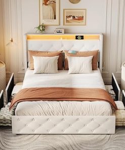 Queen Size Bed Frame with LED Headboard Velvet Upholstered Beige