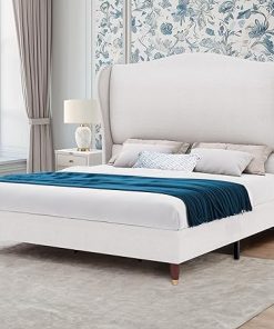 King Size Bed Frame Upholstered Fabric Wingback Design No Box Spring