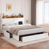 Modern White Queen Bed Frame with Storage and Charging Station
