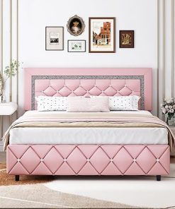 Upholstered Full Size Bed Frame with Headboard and Easy Assembly Pink 2
