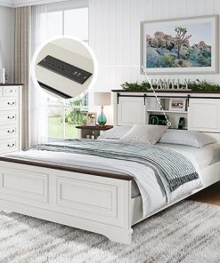 Queen Size Farmhouse Bed Frame with Storage Headboard in Antique White 2