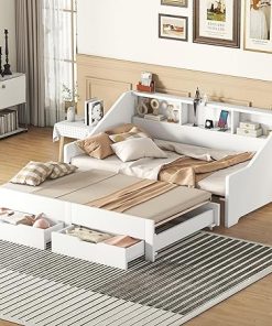 King Size Pine Wood Daybed Frame with Storage and USB Ports in White