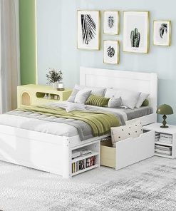 Merax Twin Size Wooden Bed Frame with Storage Rack and Drawers