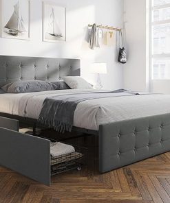 GAOMON Grey Full Size Upholstered Bed Frame with Storage and Headboard