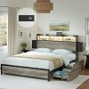 Queen Bed Frame with Bookcase Headboard and LED Lights Greige