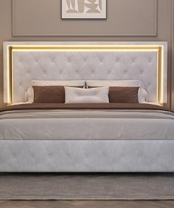 Queen Size Upholstered Bed Frame with LED Lights and Adjustable Headboard