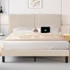 VECELO Height-Adjustable Queen Bed Frame with USB Ports in Beige